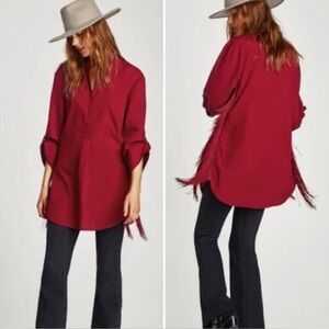 Zara Oversize Tunic With Western Side Fringe In Red Cotton Poplin Size XS EUC